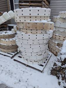 lot 101 image: Full Pallet of Large Rolls of Conveyor Belt with Poly Bins Attached.  Various Size Belts and Bins