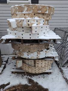 lot 102 image: Full Pallet of Large Rolls of Conveyor Belt with Poly Bins Attached.  Various Size Belts and Bins