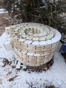 lot 103 image: Full Pallet of Large Rolls of Conveyor Belt with Poly Bins Attached.  Various Size Belts and Bins