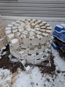 lot 104 image: Full Pallet of Large Rolls of Conveyor Belt with Poly Bins Attached.  Various Size Belts and Bins