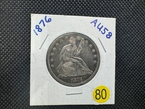 lot 80 image: 1876 Seated Liberty Half Dollar Marked AU58 When Purchased - Greysheet Wholesale Price for an AU58 is $275.00 -  Nice Coin