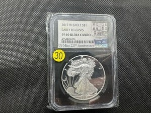 lot 30 image: 2017-W  Early Releases Proof 1  Oz. Silver American Eagle NGC Ultra Cameo PF69  - NGC Price Guide $100