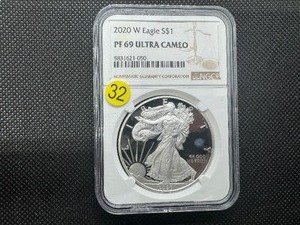 lot 32 image: 2020-W Proof 1  Oz. Silver American Eagle NGC Ultra Cameo PF69  - NGC Price Guide $100