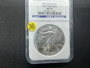 lot 36 image: 2010 1 Oz. Early Releases Silver American Eagle NGC MS70 - Perfect Graded Coin -  NGC Price Guide $60