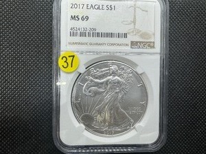 lot 37 image: 2017 1 Oz. Silver American Eagle NGC MS69 -  NGC Price Guide $65