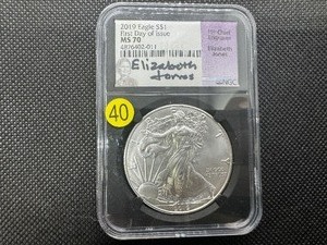lot 40 image: 2019 1 Oz. First Day of Issue American Eagle Eliz. Jones Autographed NGC MS70 - Perfect Graded Coin