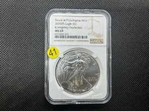 lot 41 image: 2020-P 1 Oz. Emergency Production Silver American Eagle NGC MS69  -  NGC Price Guide $75