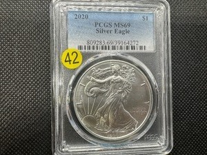 lot 42 image: 2020 1 Oz. Silver American Eagle PCGS MS69
