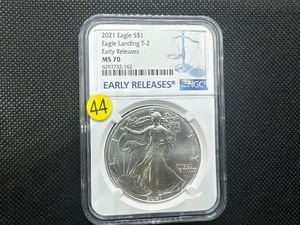 lot 44 image: 2021 Type 2 Early Releases 1 Oz. Silver American Eagle NGC MS70 - Perfect Graded Coin -  NGC Price Guide $65