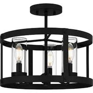 lot 30 image: DSI LIGHTING 3-Light Matte Black Outdoor Semi-Flush Mount Light with Clear Glass Shades   Customer Returns See Pictures