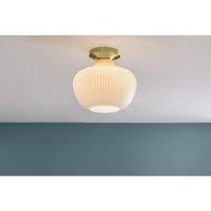 lot 31 image: Home Decorators Collection Pompton 12 in. 1-Light Gold Semi-Flush Mount Ceiling Light Fixture with White Ribbed Glass    Customer Returns See Pictures