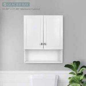 lot 4 image: Glacier Bay 22-78 in. W. x 27-78 in. H Framed Surface-Mount Rectangular Bathroom Medicine Cabinet with Mirror, White Customer Returns See Pictures