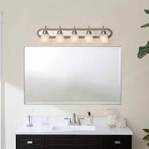 lot 23 image: KICHLER Independence 36 in. 5-Light Brushed Nickel Traditional Bathroom Vanity Light with Frosted Glass Shade   Customer Returns See Pictures