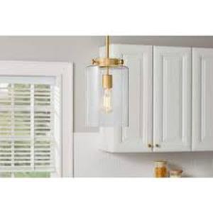 lot 3 image: Hampton Bay Mullins 6.75 in. 1-Light Honey Gold Mini Pendant Hanging Light, Kitchen Pendant Lighting    Customer Returns See Pictures