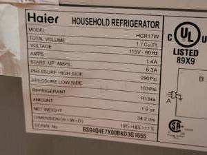 lot 120 image: White Haier Mini Refrigerator Model HCR17W