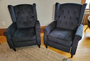 lot 55 image: Navy Blue Velour Silver Tack Recliner Chairs, pair