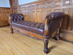 lot 34 image: Gorgeous Tacked Leather Dresden Bench with Carved Wood Accent