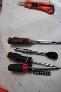 lot 109 image: Collection of Hand Tools Including Ratchet, Chisel, and Screwdrivers