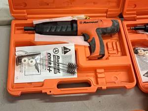 lot 428 image: Ramset Cobra Powder Actuated Fastener for Wood Framing with Operators Manual, Accessories and Plastic Carry Case