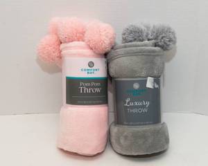 lot 48 image: Set of 2 Brand New Plush Pom Pom Throws  Grey & Pink
