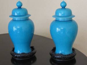 lot 9 image: 2 Vintage Japanese  Teal Covered Ceramic Jardinires on carved wood base