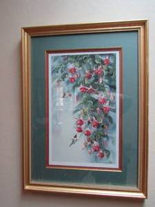 lot 14 image: Vintage Framed signed and numbered  print of Fuchsia and Hummingbird  SD Bourdet