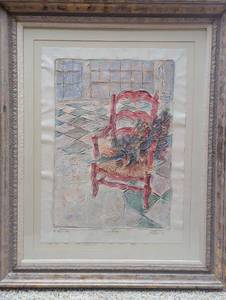 lot 11 image: Vintage Framed Art signed and numbered, painting on paper  Title Chaise Rouge  Neiford