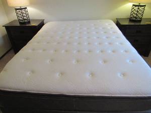 lot 26 image: Sealy PosturePedic Cherry Hill Queen Size Bed, Mattress, Boxspring and Frame  EUC Like New