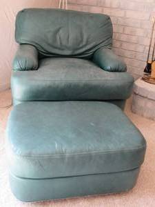 lot 61 image: Leather Club Chair with Ottoman in Teal  Leather Craft Inc.