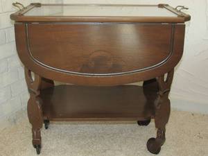 lot 64 image: Vintage Tea Cart with fold out arms and Glass top Tray with handles