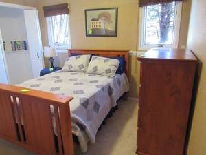 lot 93 image: Bedroom Suite  Bed, Headboard, Footboard, Frame, Mattress, Boxspring, Dresser, side-table Lamp, Framed Art and Linen