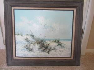 lot 96 image: Vintage oil painting in wood frame , beach scene Parsons