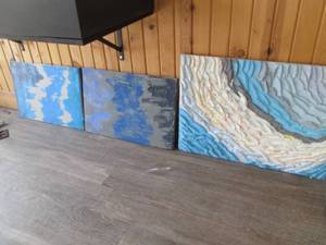 lot 23 image: Trio of blue tones wavy water style...