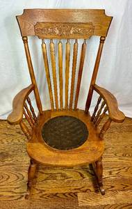 lot 31 image: Antique Rocking Chair with Carved Headrest