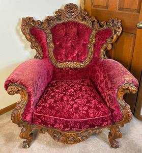 lot 18 image: Antique Red Velvet Hand Carved Armchair #2