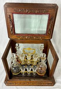 Antique Carved Oak Tantalus with Original Glasses and Stand