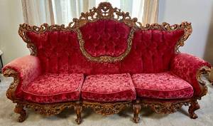lot 16 image: Antique Red Velvet Hand Carved Victorian Sofa Settee
