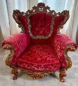 lot 17 image: Antique Red Velvet Hand Carved Armchair