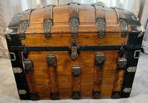lot 30 image: Antique Wooden Trunk with Metal Accents