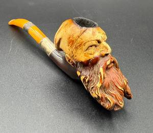 Vintage Carved Meerschaum Bearded Sea Captain Pipe with Original Leather Box