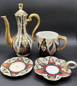 lot 49 image: Antique Austrian Hand Painted Alhambra Cider Pitcher, Coffee Pot, Saucer and Handled Dish