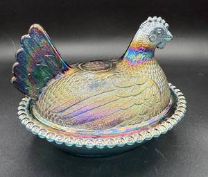 lot 56 image: Vintage 7 Indiana Co. Blue Iridescent Carnival Glass Hen on Nest Dish