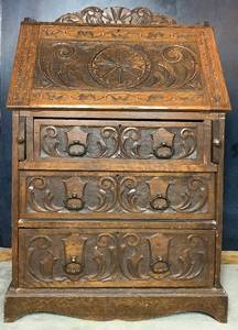 lot 10 image: Hand Carved Solid Drop Down Secretary Desk with 3 Drawers