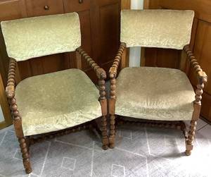 lot 22 image: Pair of Antique Beige Crushed Velvet English Bobbin Turned Armchairs