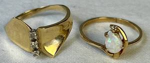lot 11 image: 10K Gold Opal Ring Size 4 and 10K Gold Diamond Chip Ring Size 5