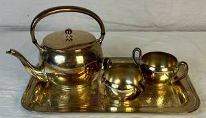 lot 132 image: Academy Silver on Copper Tea Set with Tray, Teapot, Sugar & Creamer