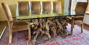 Grapevine Root Live Edge Dining Table with Glass and 6 Chairs