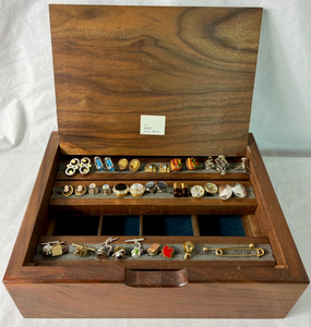 lot 103 image: Mens Wooden Jewelry Box with Collection of Cuff Links and Tie Tacks