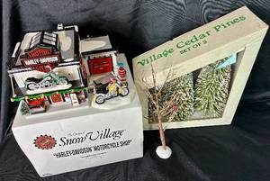 lot 141 image: Snow Village Harley Davidson Motorcycle Shop, Village Cedar Pines and Bare Tree