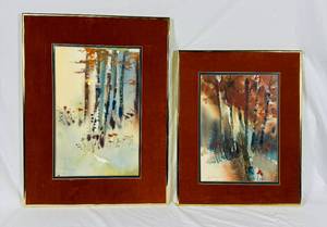 lot 146 image: Set of Birches in Fall Foliage Watercolor Framed Paintings
